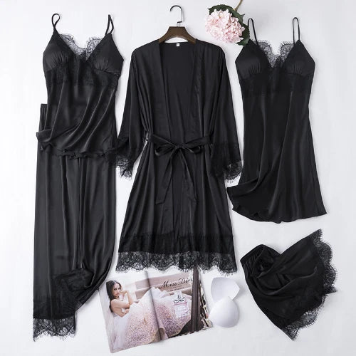 5PCS Lace Satin Robe Gown Set Sexy Women Nightgown Sleep Suit Home Kimono Pajama