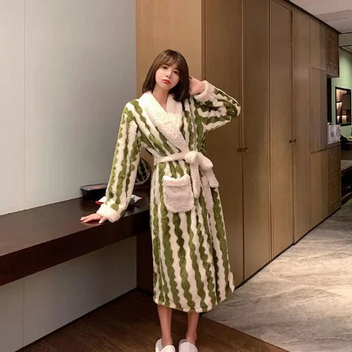 Coral Fleece Nightgown Women Flannel Plus Velvet Princess Sweet Bathrobe Pajamas