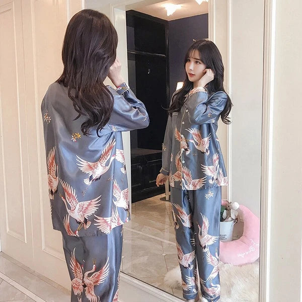Women's Long Sleeve Silk Pajama Set Button-Down Sleepwear Print Loungewear Plus