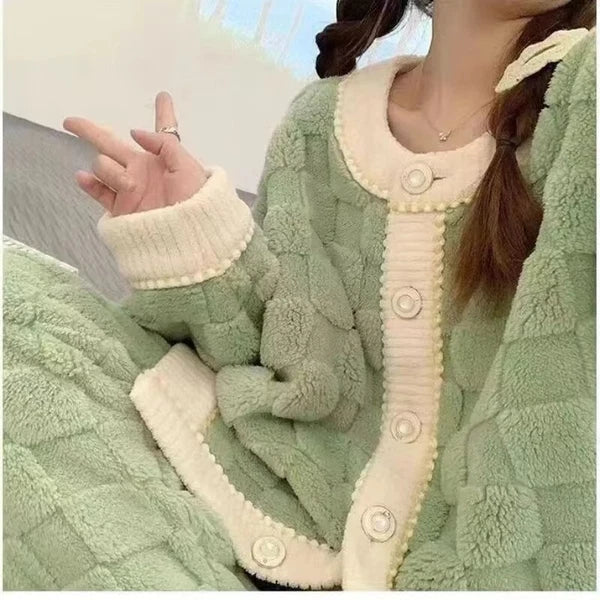 Women Coral Fleece Pajamas Set Lounge Home Suit Warm Sleepwear Homewear Set