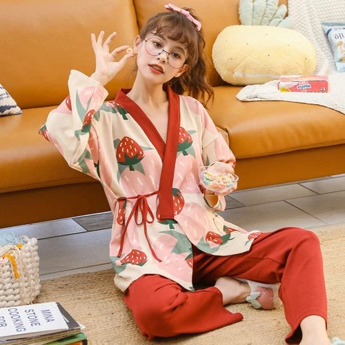 WomenPyjamas Set Strawberry Sleepwear Cotton Yarn Kimono PajamasV-Neck Plus Size