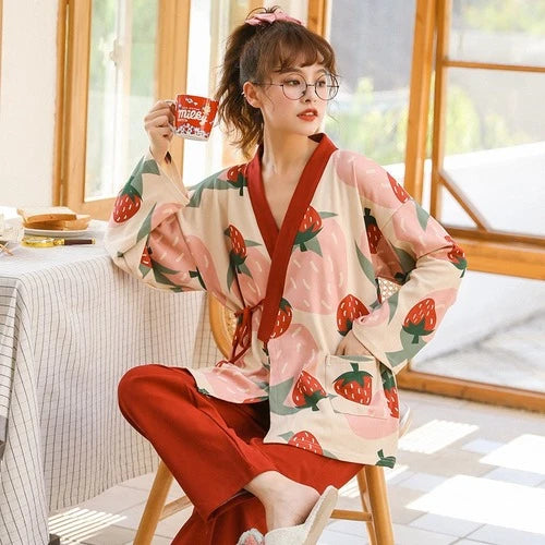 WomenPyjamas Set Strawberry Sleepwear Cotton Yarn Kimono PajamasV-Neck Plus Size