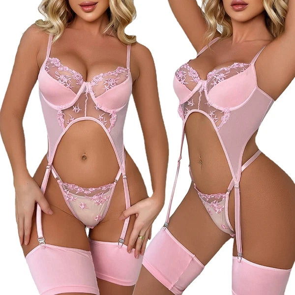 Sexy Women Lingerie Pink Lace Dress G-string Underwear Babydoll Sleepwear Gift