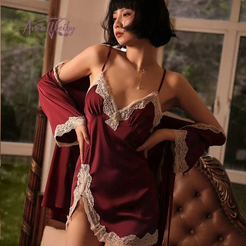 Luxury Sleepwear Robe Sexy Ice Silk Lace-up Bathrobe Pajama Set Embroidery Silky