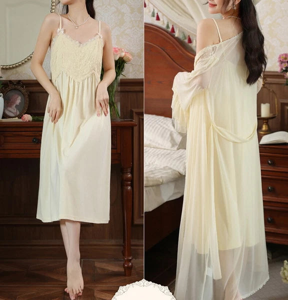 Women Lounge Suit Sling Padded Dress Cotton Robes Mesh Nightwear 2pcs 161201