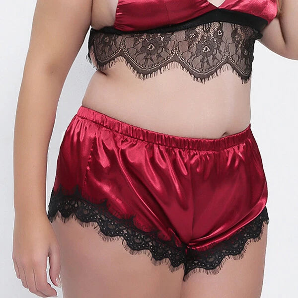 Plus Size Womens Satin Nightwear Lace Trim Bra Top Sissy Shorts of Lingerie Set