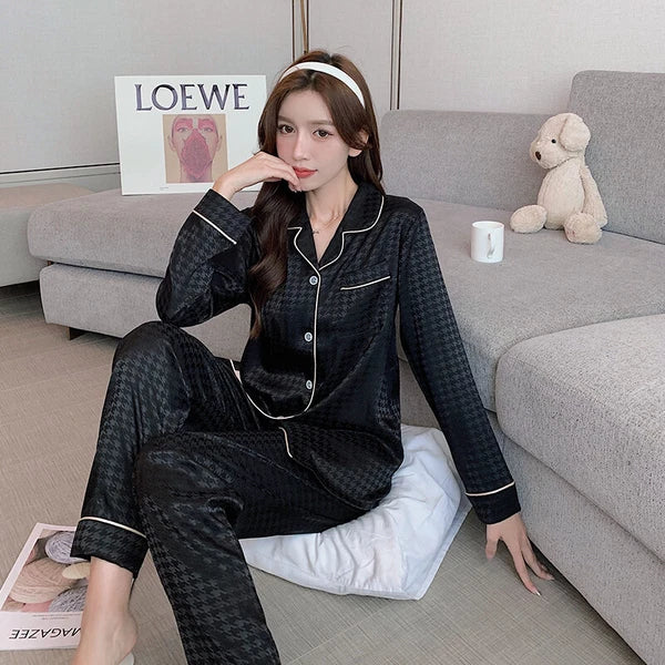 Women's Long Sleeve Silk Pajama Set Button-Down Sleepwear Print Loungewear Plus