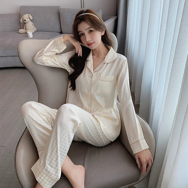 Women's Long Sleeve Silk Pajama Set Button-Down Sleepwear Print Loungewear Plus