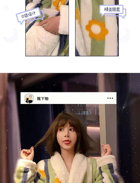 Coral Fleece Nightgown Women Flannel Plus Velvet Princess Sweet Bathrobe Pajamas