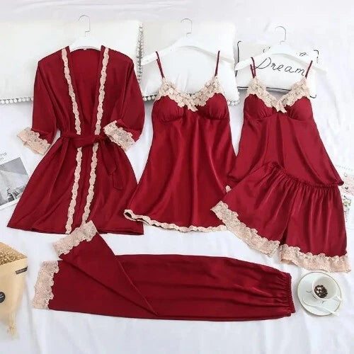 5PC Robe Sleep Suit Lace Satin Pajamas Gown Set V-Neck Wear Home Nightwear