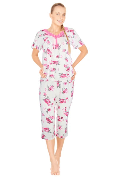 JEFFRICO Womens Capri Pajama Set 2 Piece Short Sleeve Top & Capri Pants  801C