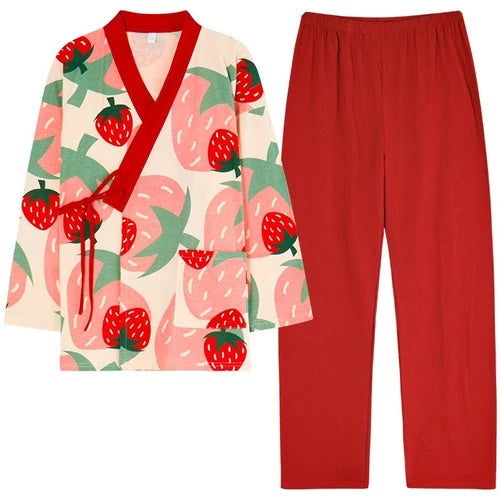 WomenPyjamas Set Strawberry Sleepwear Cotton Yarn Kimono PajamasV-Neck Plus Size