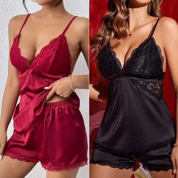 Women Sleepwear Lace Satin Pajamas Set Shorts Nightwear Camisole Underwear US